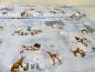 Preview: Patchworkstoff Woodland Friends mit Schneemännern und Waldtieren auf einem hellblau marmorierten Untergrund Detailansich mit Schneemann und Tiere weitere Perspektive